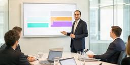 Analyst presenting a data maturity framework to a small meeting room