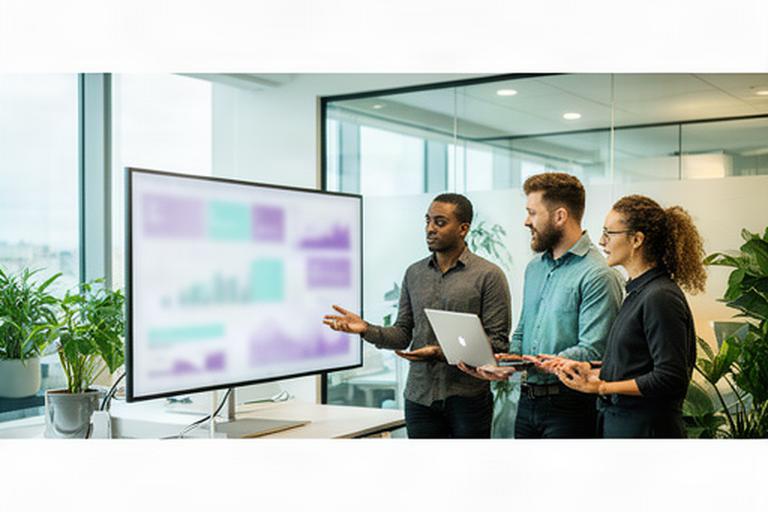 Data specialists reviewing a clear business dashboard in a bright Milton Keynes office