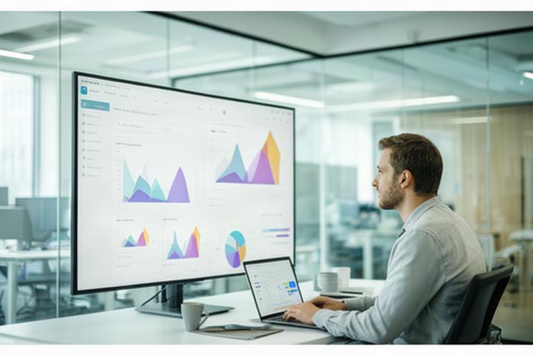 Data scientist reviewing a regional growth dashboard on a large screen in a bright Milton Keynes office