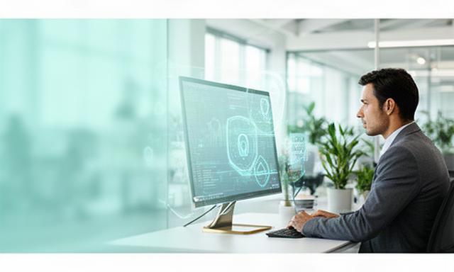 Analyst reviewing protected customer data on a monitor in a bright Milton Keynes office