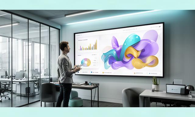 Analyst reviewing colourful business charts on a large screen in a modern Milton Keynes office