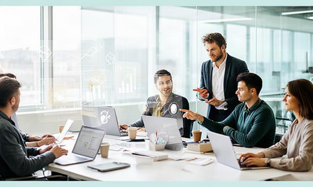 Data specialists reviewing business dashboards around a bright meeting table in Milton Keynes