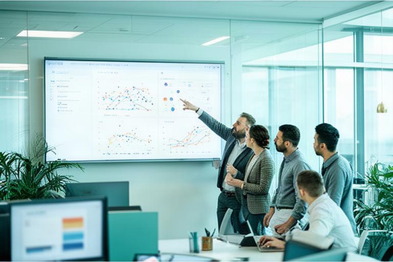 Analytics team reviewing live business dashboards on a large screen in a bright Milton Keynes office