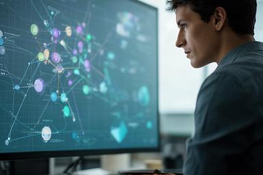 Nidhish Adeyileka examining a data model on a large office screen